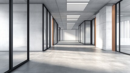 Poster - Modern office interior showcasing spacious corridor with large glass windows and natural light