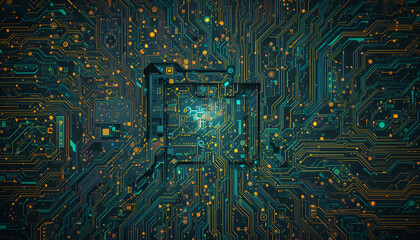 Fototapete - Detailed computer motherboard design showcases intricate circuit patterns and glowing elements, ideal for high-tech visuals.