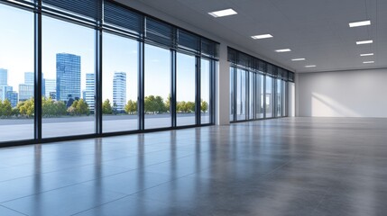 Poster - Modern empty office space with large windows showcasing a city skyline and greenery outside