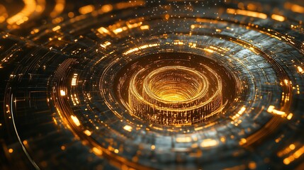 Poster - Golden Tech Portal with Circular Digital Energy Layers