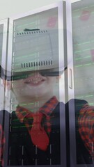 Poster - Child using virtual reality headset over data servers in technology environment