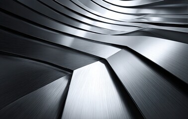 Poster - Abstract background, monochrome lines, light and shadow effects, high-angle view, perspective composition, curved shapes, futuristic style. The silver metal sheet forms an abstract geometric pattern 