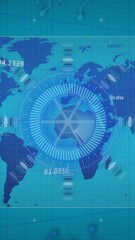 Poster - Animation of scope scanning with numbers changing over world map on blue background