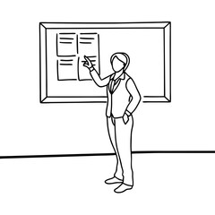 Poster - Person presenting information on whiteboard. Person points at schedule on presentation board. Simple line art illustration ideal for business presentations.