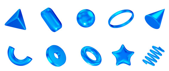 Aufkleber - 3d set blue neon geometric shape: square, cylinder, sphere, pyramid, torus, star, cone, icosphere. Metal simple figures with grid for your design on isolated background. Stock vector illustration