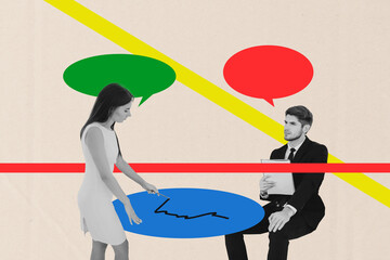 Poster - Zine banner art full photo collage of two happy businesswoman businessman speak together bubble speech chat deal agreement