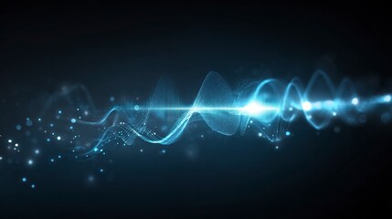 Poster - Abstract background with a sound equalizer, blue glowing line waves, and point lights for a music technology concept design vector illustration. Stock photo, 2/3 dark background.
