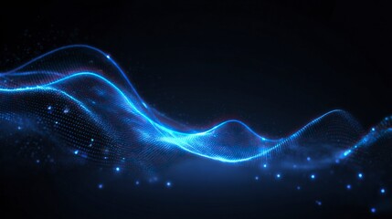 Poster - Abstract background with a sound equalizer, blue glowing line waves, and point lights for a music technology concept design vector illustration. Stock photo, 2/3 dark background.