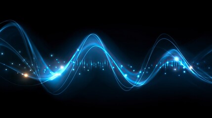 Poster - Abstract background with a sound equalizer, blue glowing line waves, and point lights for a music technology concept design vector illustration. Stock photo, 2/3 dark background.