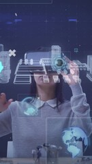 Poster - Animation of processor spinning and markers flickering over woman wearing vr headset