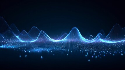 Poster - Abstract background with a sound equalizer, blue glowing line waves, and point lights for a music technology concept design vector illustration. Stock photo, 2/3 dark background.