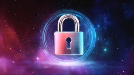 Poster - Modern digital padlock on a cosmic background, symbolizing security and protection in a vibrant, colorful space setting.