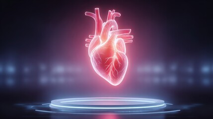 Aufkleber - A glowing, digital illustration of a human heart, suspended above a circular platform, set against a dark, illuminated background.