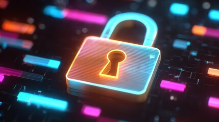 Poster - A digital lock icon surrounded by vibrant, colorful data streams representing cybersecurity and protection.