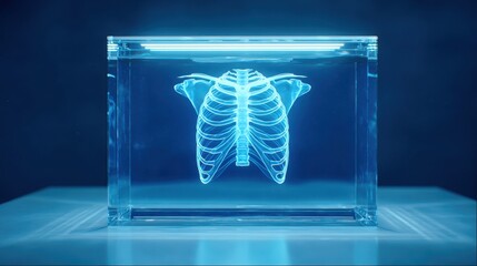 Poster - A glowing 3D ribcage model displayed in a transparent cube, highlighting intricate skeletal details against a blue background.
