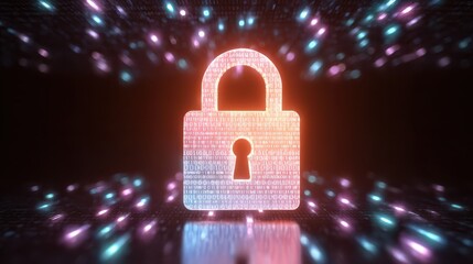 Poster - Digital padlock with binary code glowing, symbolizing data security and protection in a tech-inspired background.