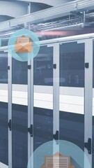 Poster - Animation of digital icons with envelopes and data processing over computer servers