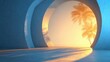 © Generative AI - Modern architectural design with circular opening view of sunset and palm trees.