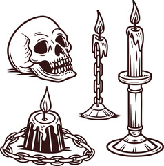 Poster - Vector cartoon illustration set featuring a funny skull and candle doodle icon design, perfect for vintage or fashion art sketches
