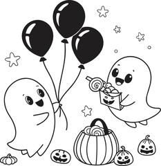 Aufkleber - spooky halloween cartoon illustration with pumpkins, ghosts, bats, and monsters for a fun holiday pa