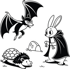 Aufkleber - cute black and white bunny pet on the beach or grass, a fun animal illustration