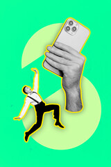 Aufkleber - Composite sketch image design artwork collage of psychedelic huge hand hold smartphone sticker young gentleman jump levitate copyspace