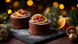 Elegant chocolate desserts with dried citrus slices on festive holiday dark background.