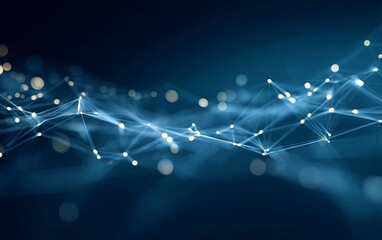 Poster - Abstract background with glowing lines and dots in the form of network connections or data transfer on a dark blue gradient background, a technology concept for digital online connection and internet 