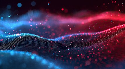Poster - Abstract background with glowing particles and waves of light, blue and red gradient color dots, bokeh effect. Abstract digital wallpaper for design presentation or banner design. Big data concept. 