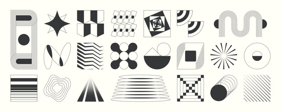 Abstract minimal element mid century vector set. Aesthetic contemporary stripe line art, vintage geometric shape in monochrome. Atomic age Art form design for wall art, decoration, wallpaper.