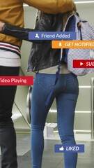 Poster - Animation of social media icons floating over couple embracing on escalators