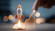 © Generative AI - Dynamic business growth concept with rocket launch and rising financial chart.