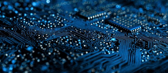 Poster - Abstract circuit board background and blue color pattern and digital technology concept, futuristic illustration design for banner or poster. Stylish color scheme of dark sky blue and light black, 