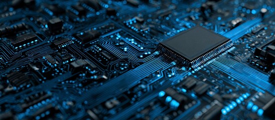 Poster - Abstract circuit board background and blue color pattern and digital technology concept, futuristic illustration design for banner or poster. Stylish color scheme of dark sky blue and light black, 