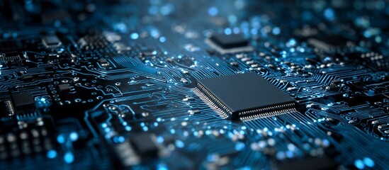 Poster - Abstract circuit board background and blue color pattern and digital technology concept, futuristic illustration design for banner or poster. Stylish color scheme of dark sky blue and light black, 