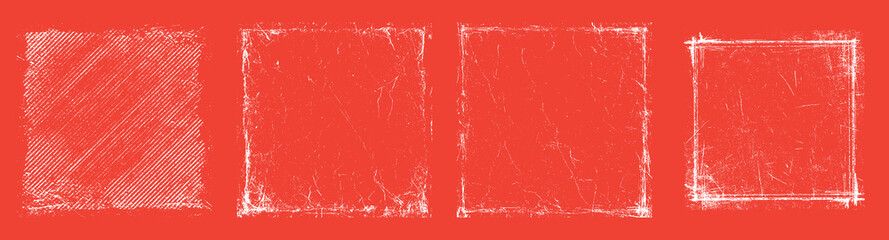 Poster - Distressed white grunge frame overlays on red background. Rough scratched texture borders.
