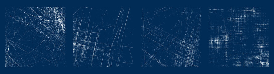 Poster - Scratched grunge texture overlays on deep blue background. Abstract distressed white linear texture set.