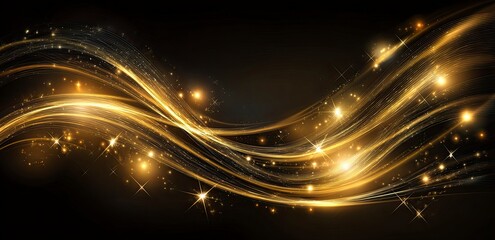 Poster - Vector background with golden, glowing light swirls and stars on a black, luxury, elegant abstract design element for a poster or banner. Vector illustration. High-resolution, professional photograph,
