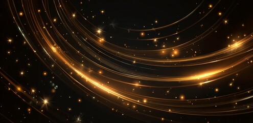 Poster - Vector background with golden, glowing light swirls and stars on a black, luxury, elegant abstract design element for a poster or banner. Vector illustration. High-resolution, professional photograph,