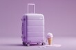 © Generative AI - Bright purple hard shell suitcase with four wheels and extended handle on pastel background.