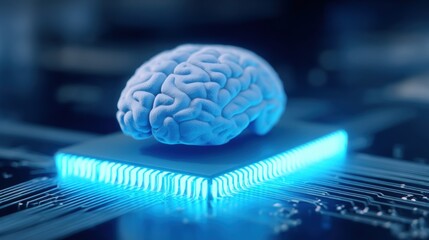 Poster - Close-up of detailed human brain model on illuminated circuit board with digital technology background.