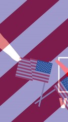 Poster - Animation of hand, vote and american flags over red, white and blue striped background