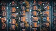 © Generative AI - Aerial view of a connected neighborhood with illuminated smart home technology network.