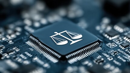 Leinwandbilder - Close-up of a circuit board with legal scales icon representing technology and law.