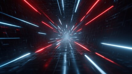 Poster - Dynamic futuristic tunnel with glowing neon lights and digital grid effect.