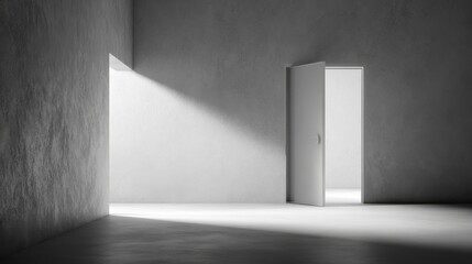 Poster - Minimalist Modern Room with Open Door and Soft Shadow Light Illuminating Wall.