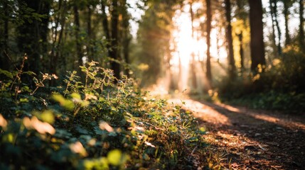 Leinwandbilder - Serene Forest Path During Sunset with Tall Trees and Sunlight Filtering Through.