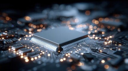 Leinwandbilder - High tech computer microchip with illuminated electronic circuits on a dark background.