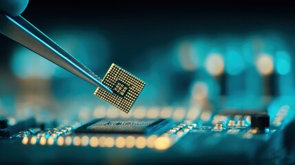 Leinwandbilder - Close up of a microchip being inserted onto a circuit board with blurred background.