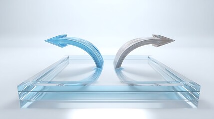 Poster - Blue and gray arrows curving over a rectangular glass object on a white background surface studio shot